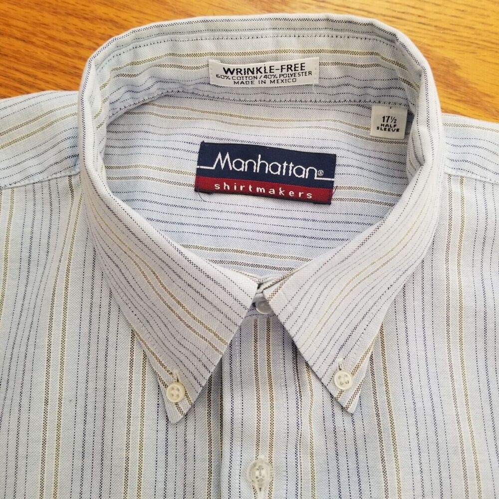 Manhattan Shirt Mens 17-1/2 Blue Striped Wrinkle Free Oxford Short Sleeve
